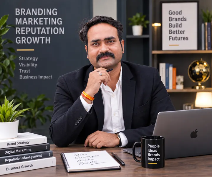 Ajay Singh at his desk with brand strategy notes and books