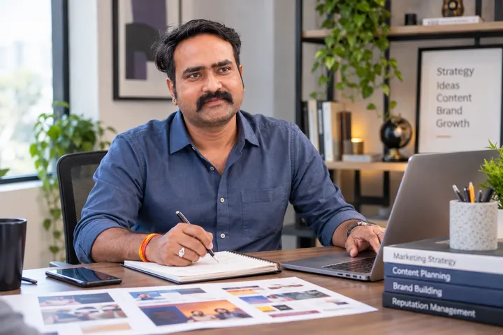 Ajay Singh writing a brand and content plan beside a laptop and printed material